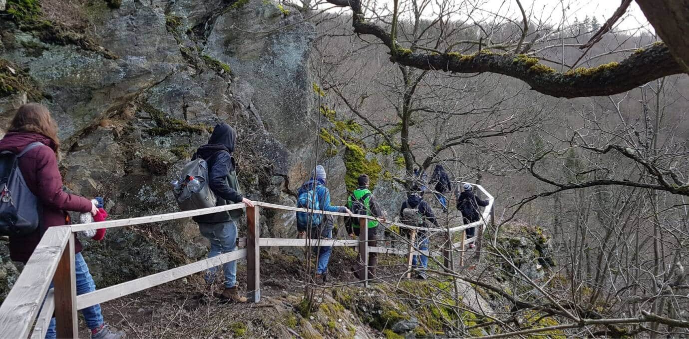 Gruppe wandert auf schmalem Felsenpfad im Wald.